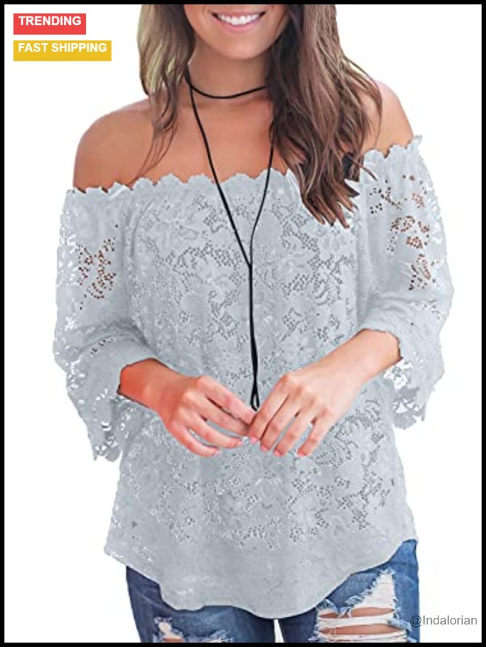 Lace Off Shoulder Blouse Floral 3/4 Sleeve Loose Fit Casual Top